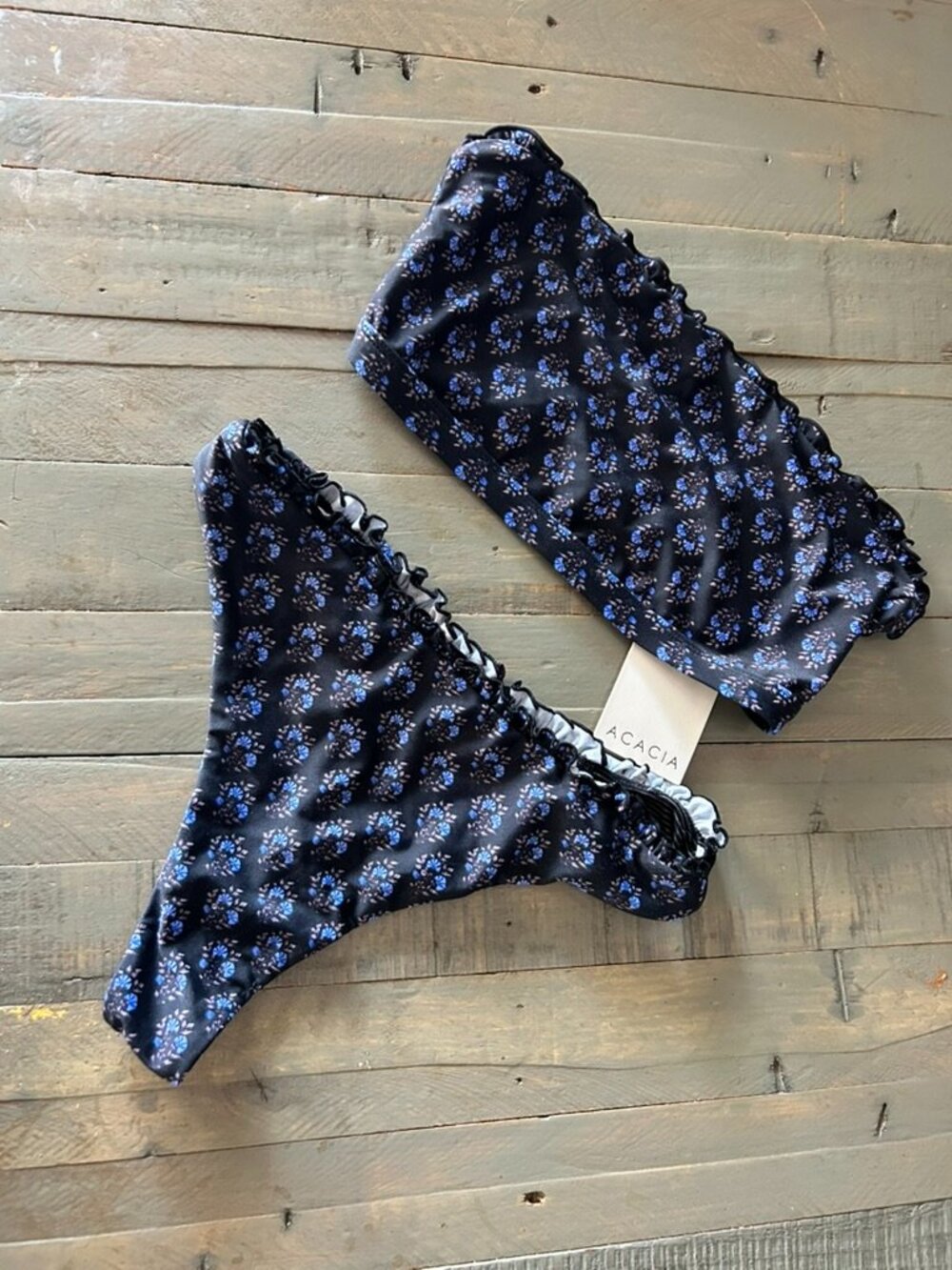 acacia swimwear Black Bikini Set with Blue Floral Print NWOT